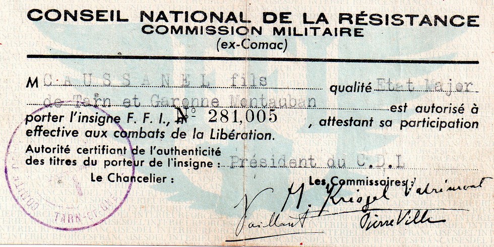 Attestation de  port de l' insigne F.F.I - Georges Caussanel