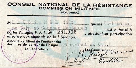 Attestation de  port de l' insigne F.F.I - Georges Caussanel