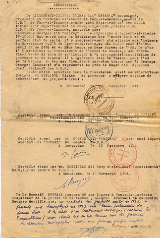 Georges Caussanel: Attestations d'appartenance au 2ème Bureau de l'A.S, au N.A.P, au S.R des M.U.R